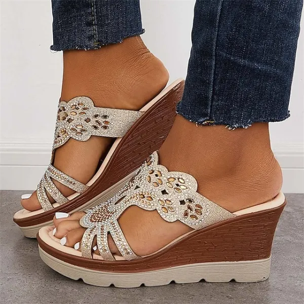 Women's Slippers Plus Size Daily Summer Rhinestone Wedge Heel Open Toe Casual Faux Leather Loafer Blue Gold