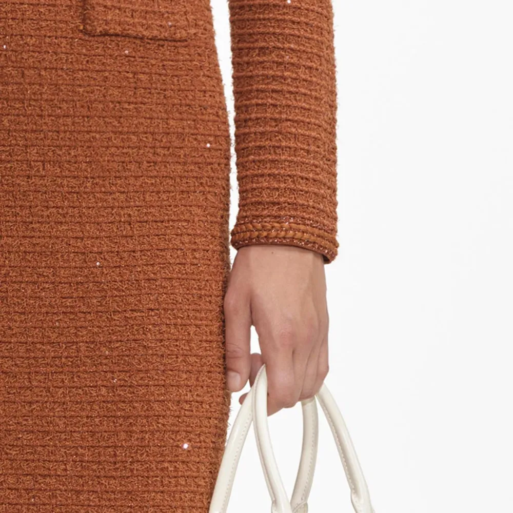 Brown Textured Knit Midi Dress