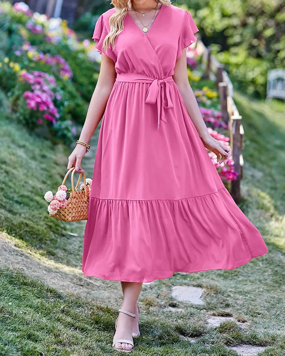 Women Summer Bohemian Floral Casual Wrap V Neck Ruffle Cap Sleeveless Belt A-Line Pleated Hem Swing Midi Sun Dress