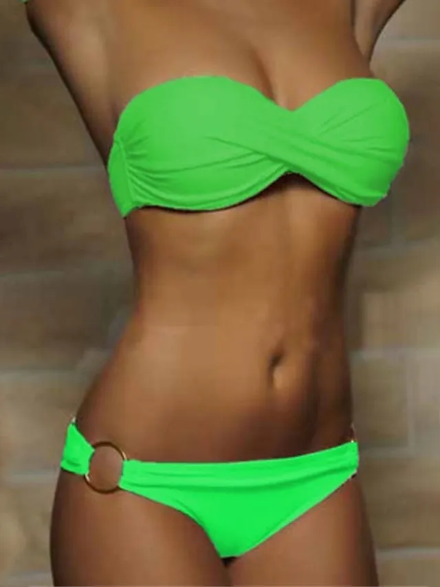 Women's Swimwear Bikini 2 Piece Normal Swimsuit Ruched 2 Piece Open Back Sexy Pure Color Black White Yellow Pink Red Padded Strapless Bathing Suits New Vacation Beach Wear