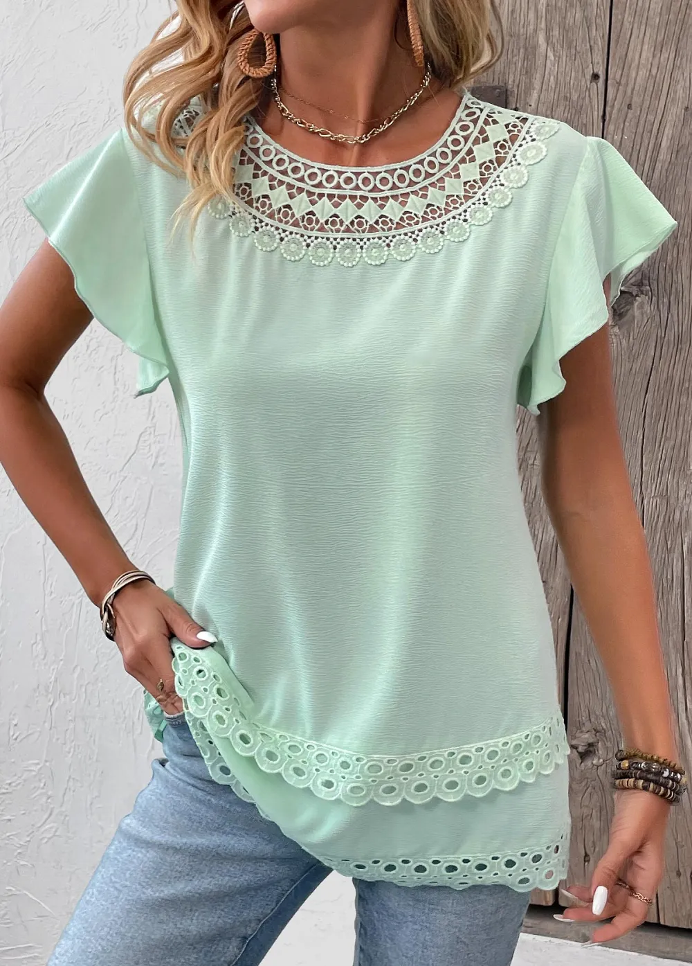 Mint Green Patchwork Short Sleeve Round Neck Blouse