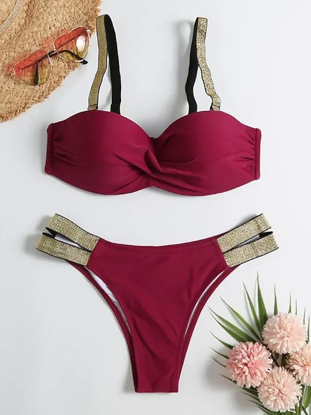 Women's Swimwear Bikini Normal Swimsuit Glitter 2 Piece Deep V Solid Color Black White Green Bathing Suits Sexy Beach Wear Push Up