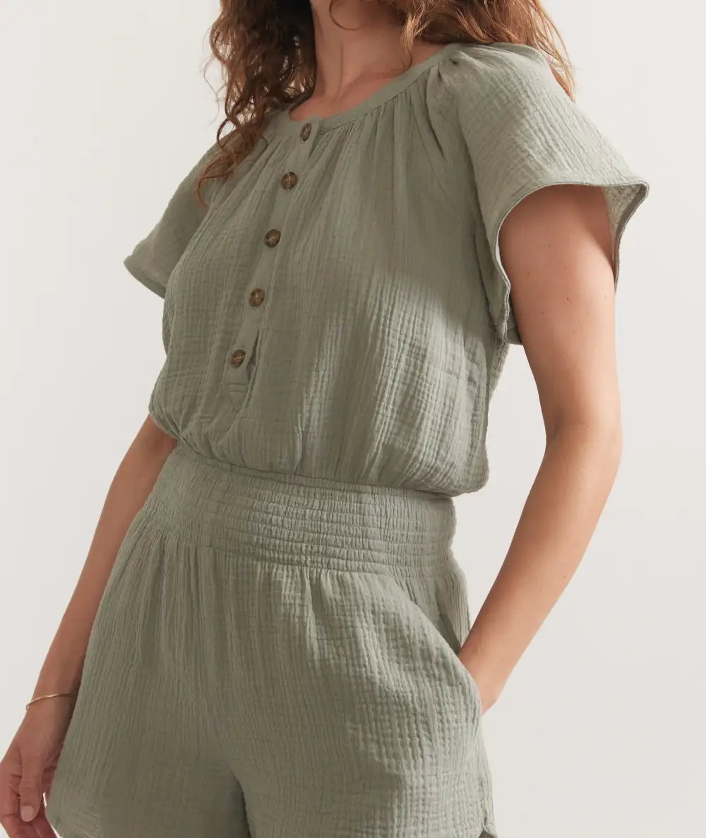 Short-Sleeve Smocked Cotton Romper