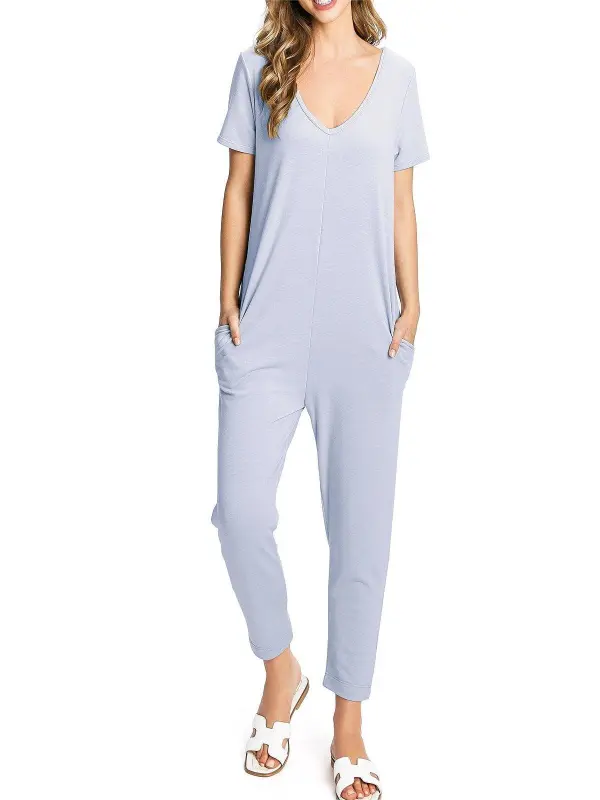 V-Neck Short Sleeve Jumpsuit