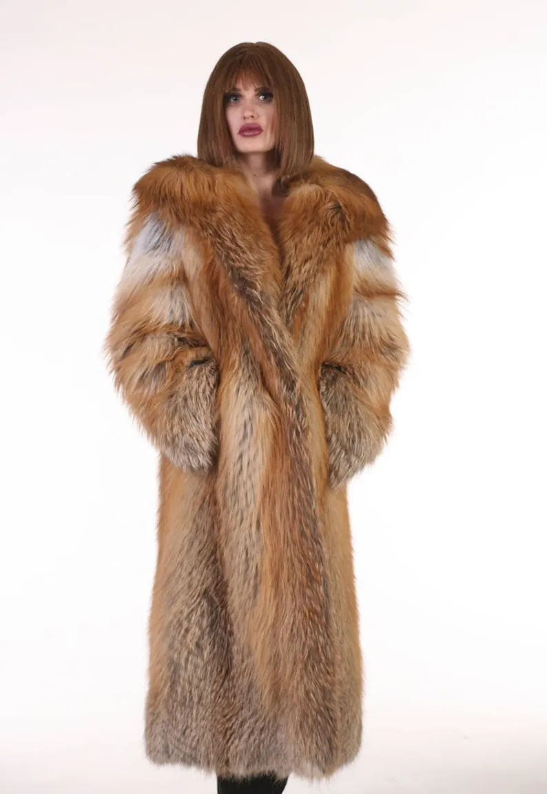 Full Length Red Fox Fur Coat Hooded