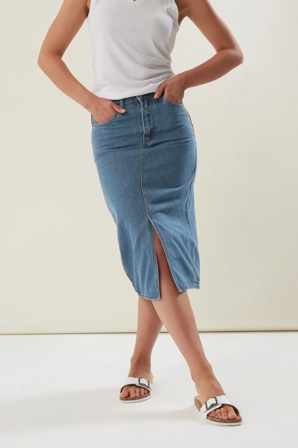 Slit High Rise Denim Skirt