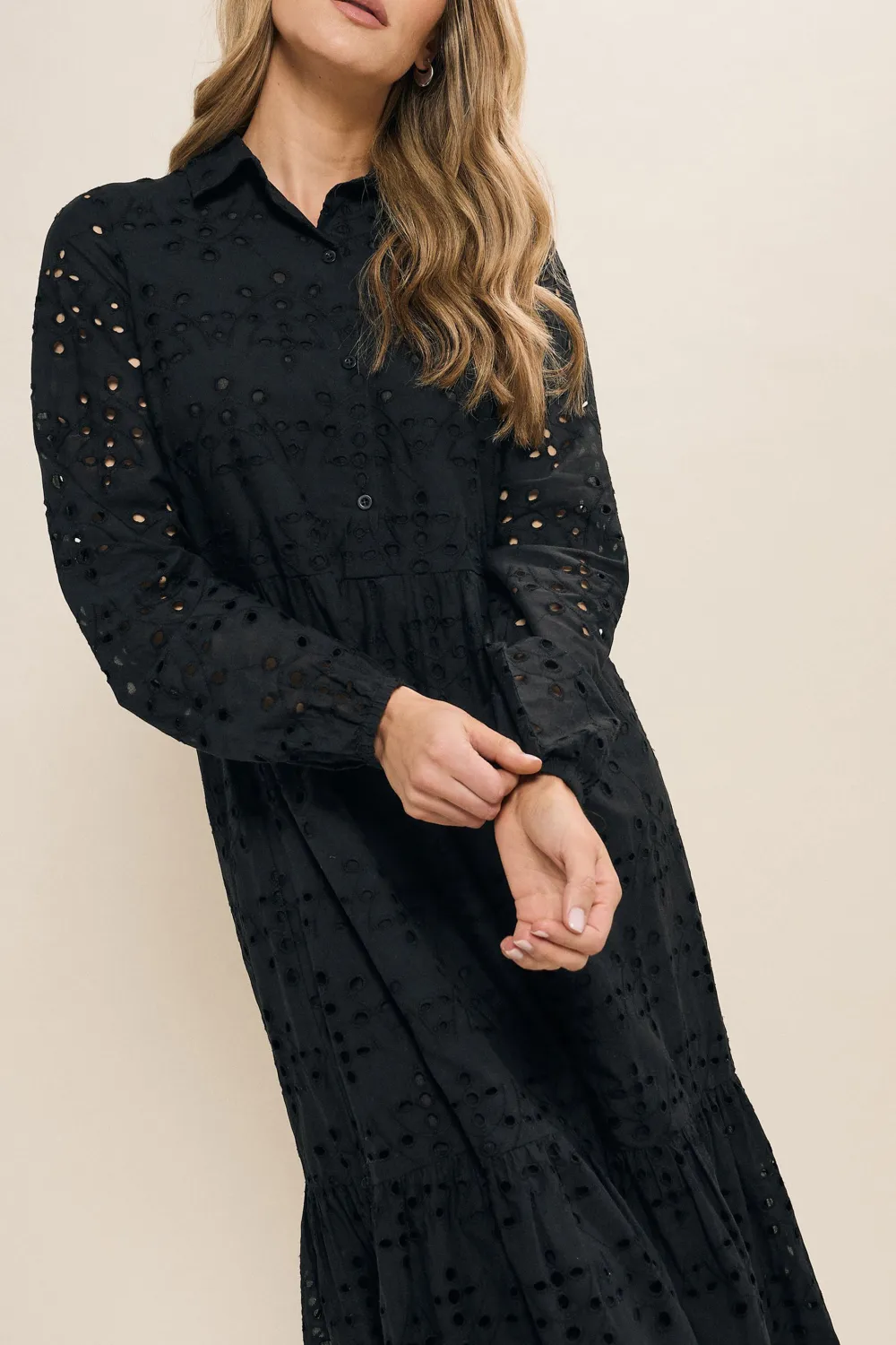 Casual Style Black Broderie Tiered Maxi Dress