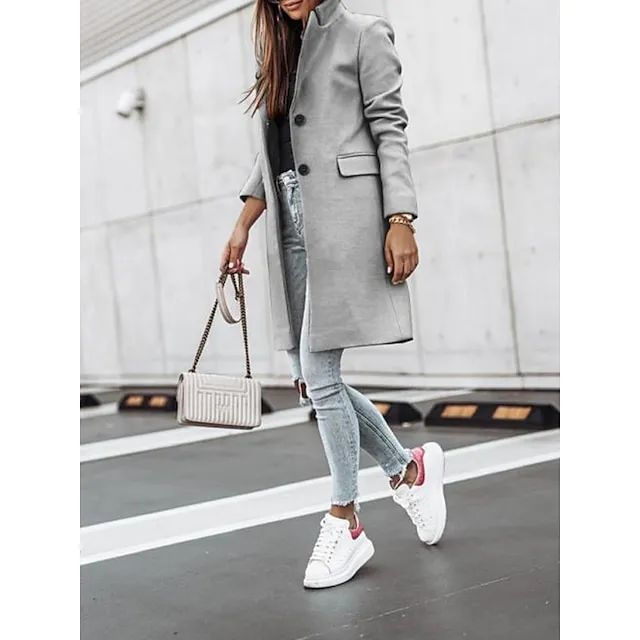 Women's Winter Coat Long Overcoat Fall Stand Collar Trench Coat Warm Windproof Pea Coat with Pockets Formal Stylish Casual Street Jacket Long Sleeve Black White Khaki