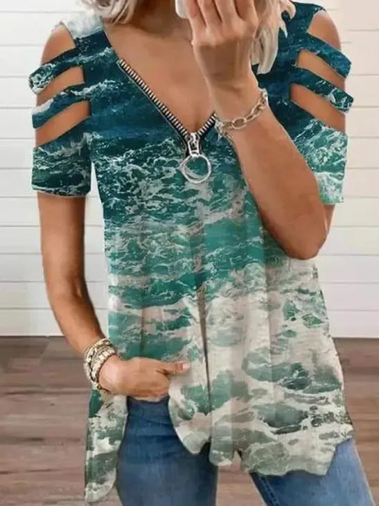 Women Short Sleeve V-neck Floral Printed Geometric Top