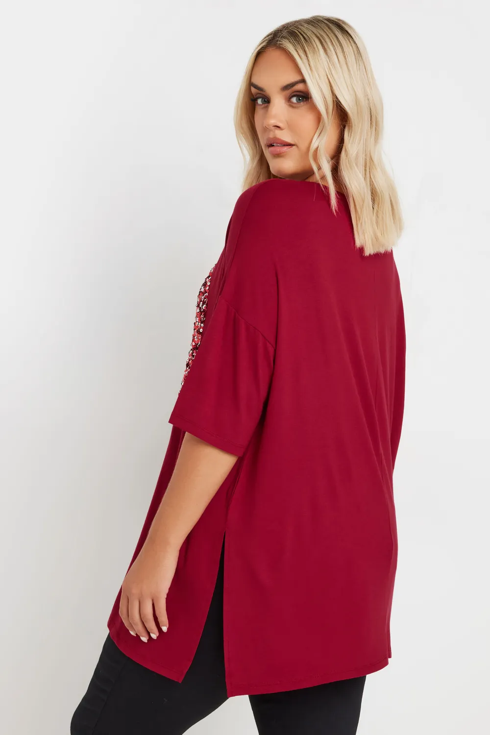 YOURS Curve Red Heart Sequin Embellished T-Shirt