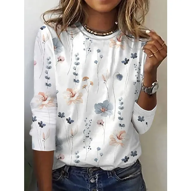 Women's T shirt Tee White Yellow Pink Floral Print Long Sleeve Holiday Weekend Basic Round Neck Regular Fit Floral Painting Fall & Winter