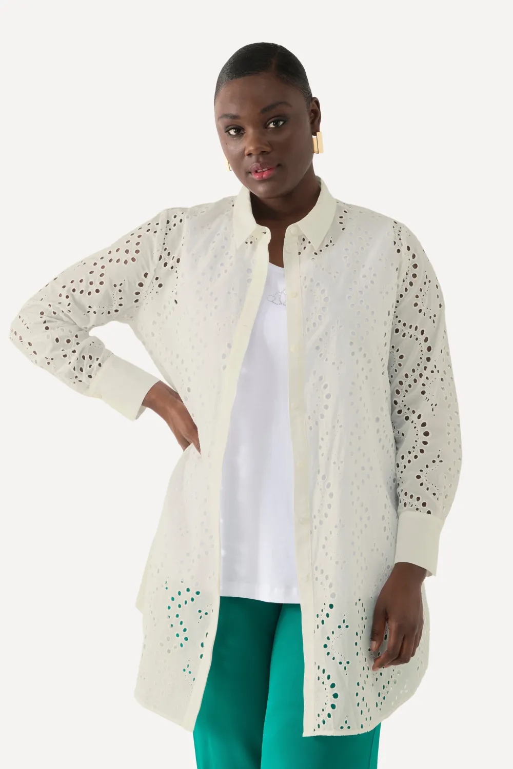 Longbluse, Lochstickerei, Hemdkragen, Langarm