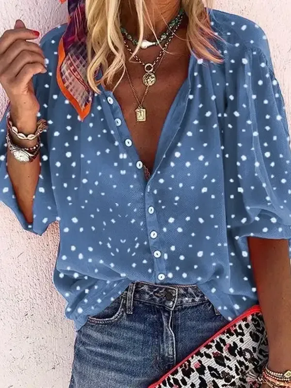 Women 3/4 Sleeve V-neck Polka dot Button Tops