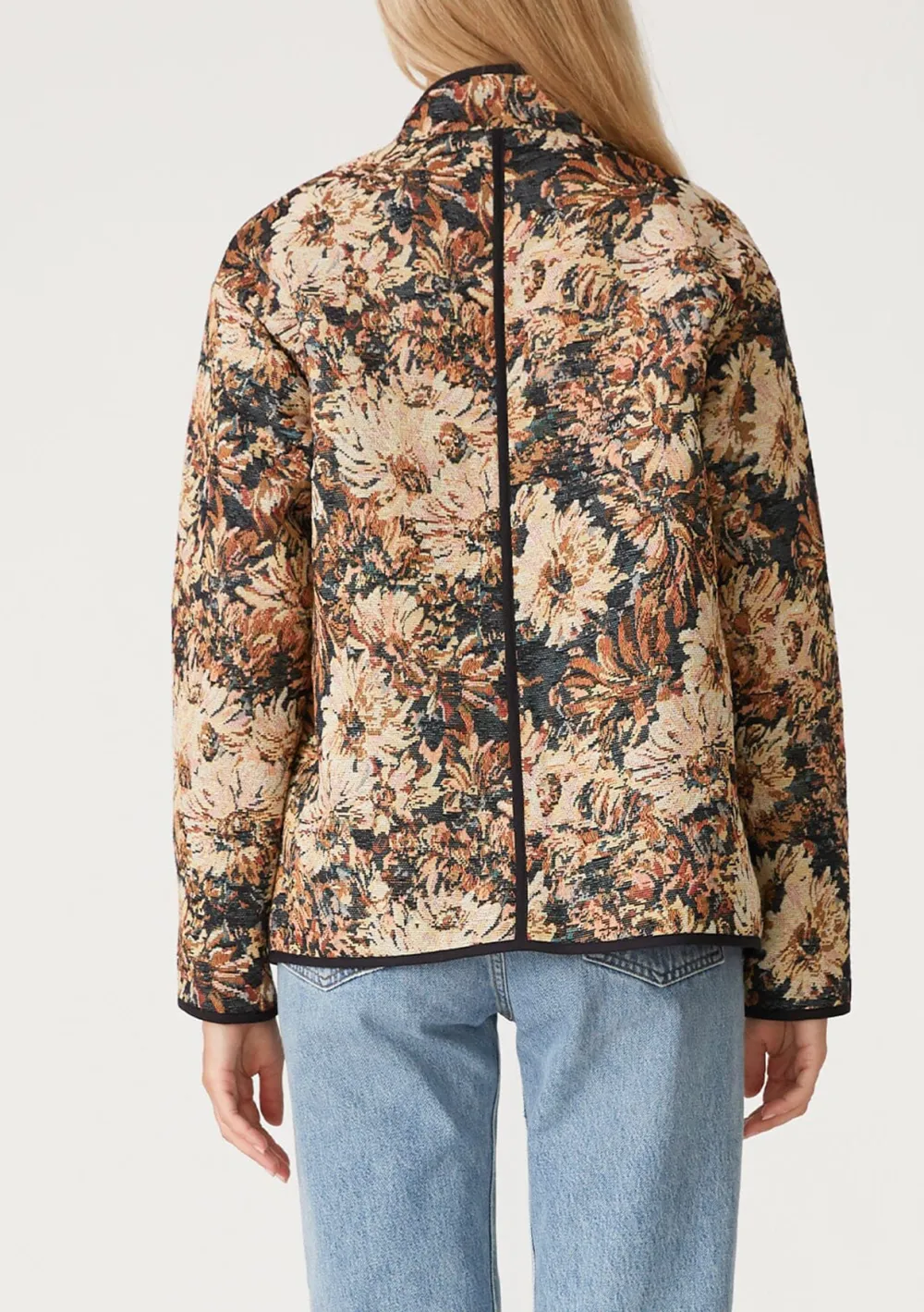 Pocketed Floral Open Front Jacket