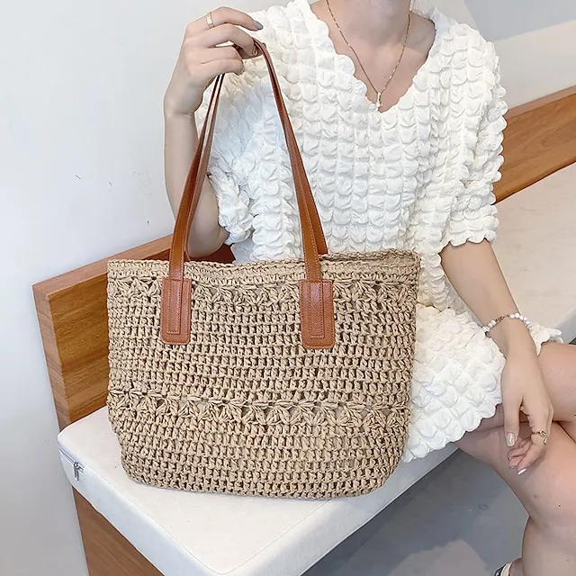 Women's Top Handle Bag Straw Bag Shoulder Bag Straw Outdoor Daily Zipper Solid Color Khaki Beige