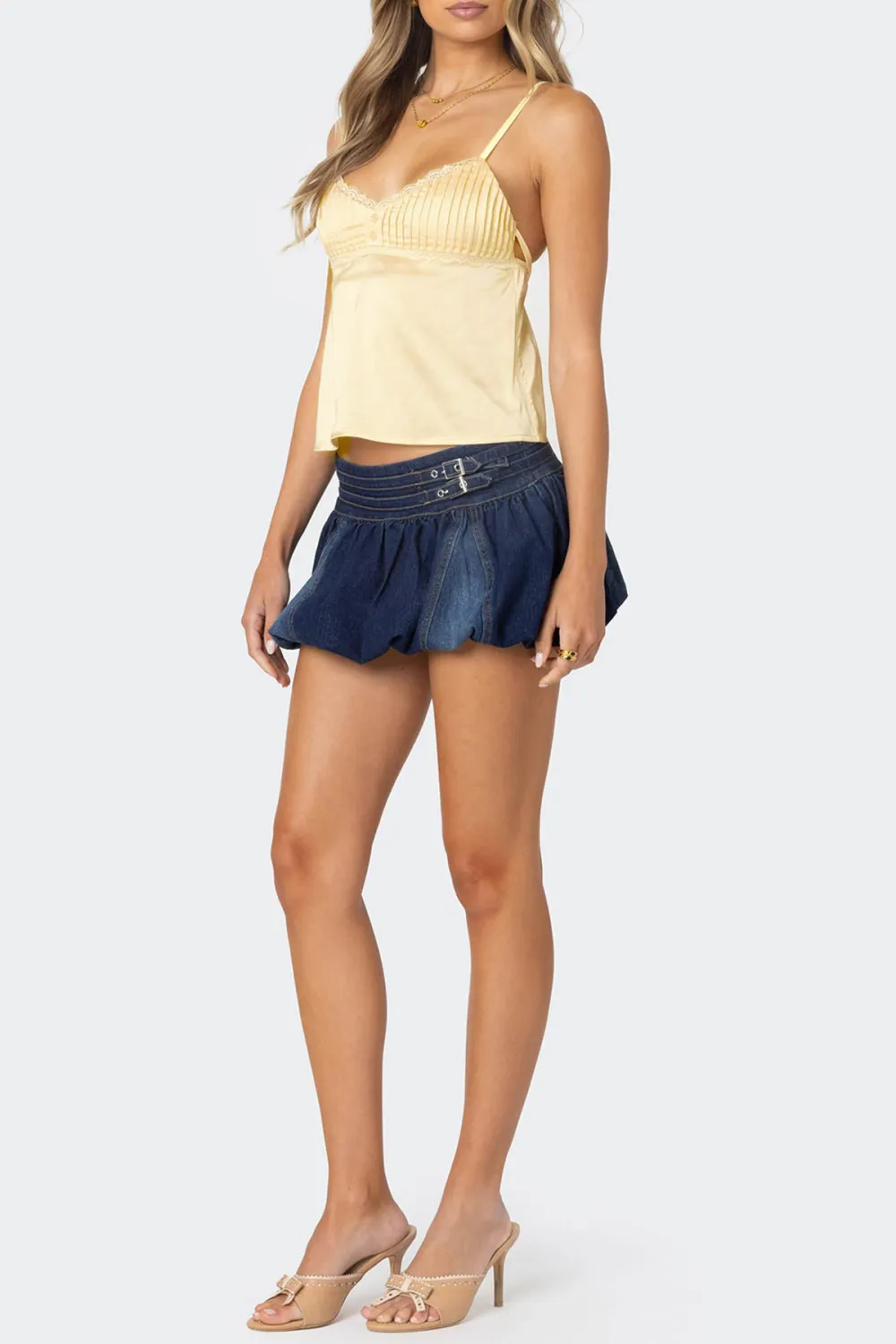 Satin Pleated Lace Trim Tank Top