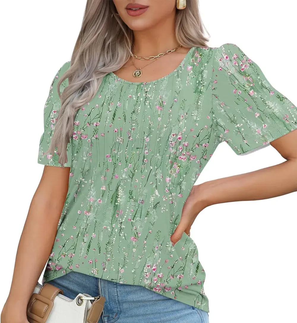 Womens Summer Pleated Front Shirts Tunics Casual Short Sleeved Loose Round Neck Boho Printed Tops Vacation Blouse