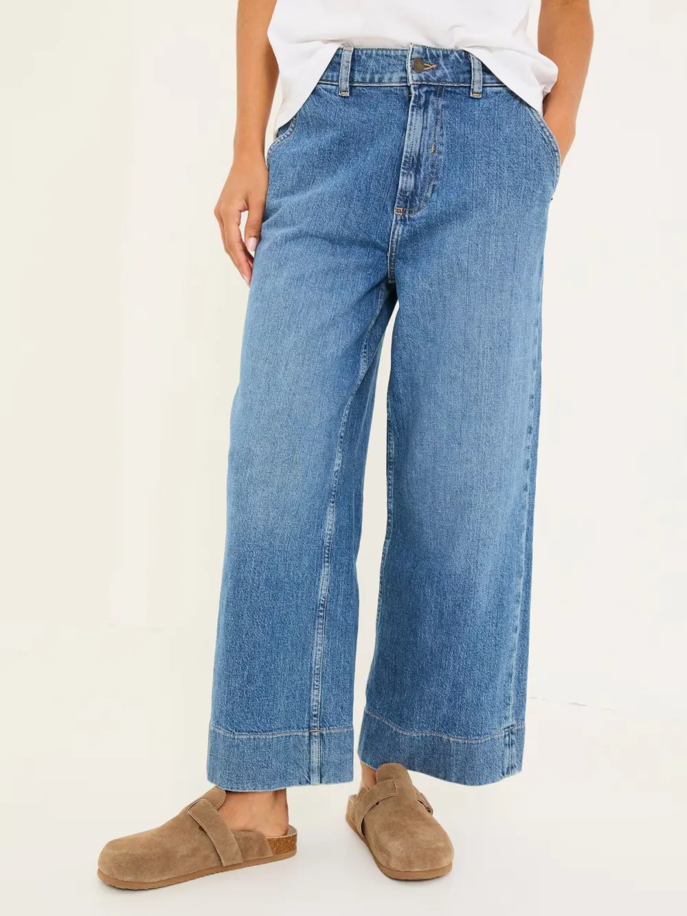 Casual Blue Denim Wide Leg Crop Jeans