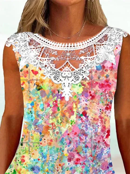 Women Sleeveless Scoop Neck Tie Dye Printed Lace Top