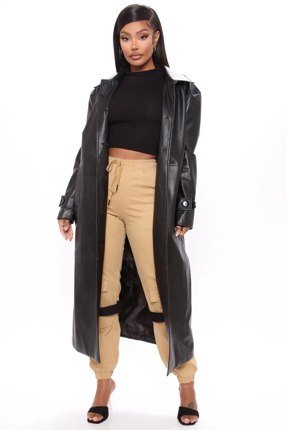 Gimme A Clue Faux Leather Trench Coat - Black