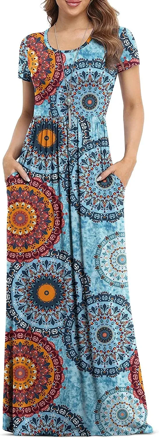 Women's Short Sleeve Loose Plain Maxi Dresses Casual Long Dresses with Pockets