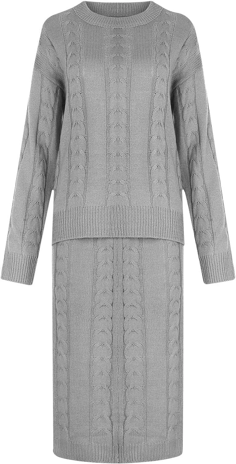 Women 2 Piece Outfits Knitted Sweater Tops and Long Skirt Turtleneck Long Sleeve Bodycon Dress Set Chunky Cable Knit