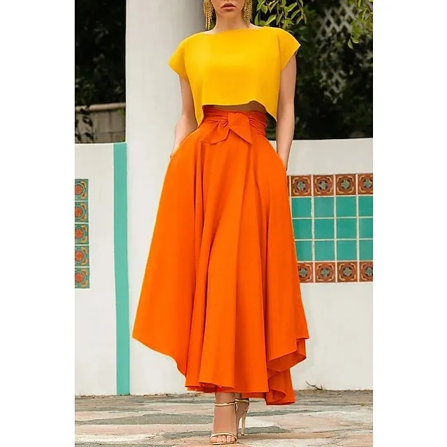 Women's Skirt Swing Work Skirts Long Skirt Maxi Cotton Blend Yellow Red Orange Skirts Autumn / Fall Streetwear Weekend S M L