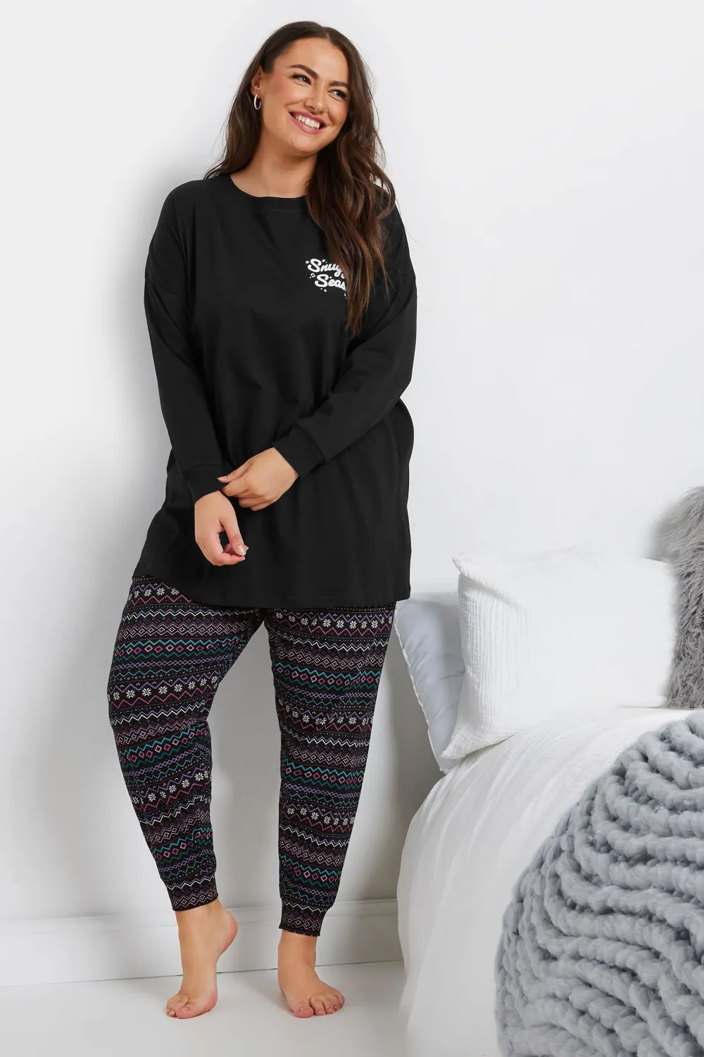 YOURS Curve Black 'Snuggle Season' Fairisle Pyjama Set