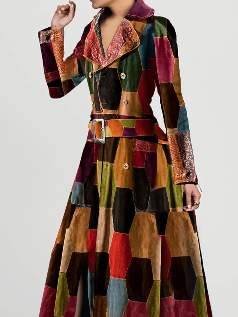 Ursime Fashion Allover Pentagon Pattern Notch Lapel Button Slit Maxi Dress