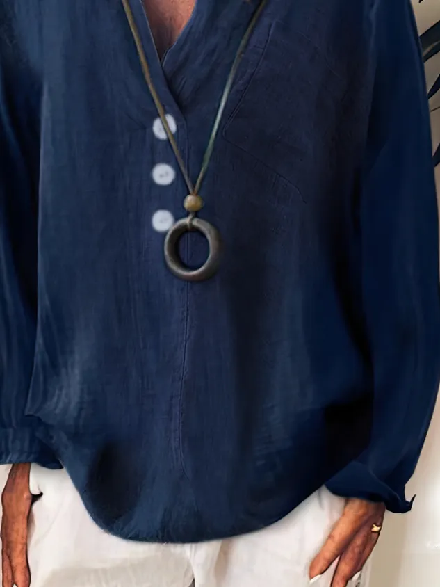 Solid Loosen Casual Cotton V Neck Top