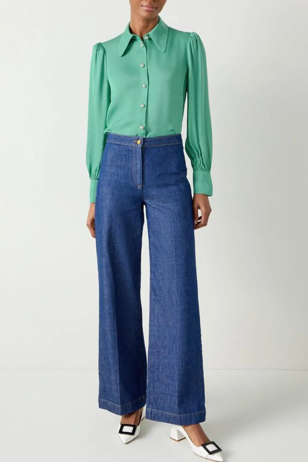 Green Long Sleeve Button Down Silk Blouse