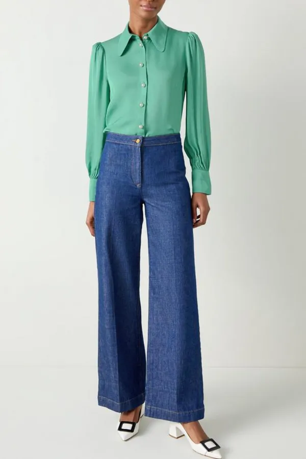 Green Long Sleeve Button Down Silk Blouse