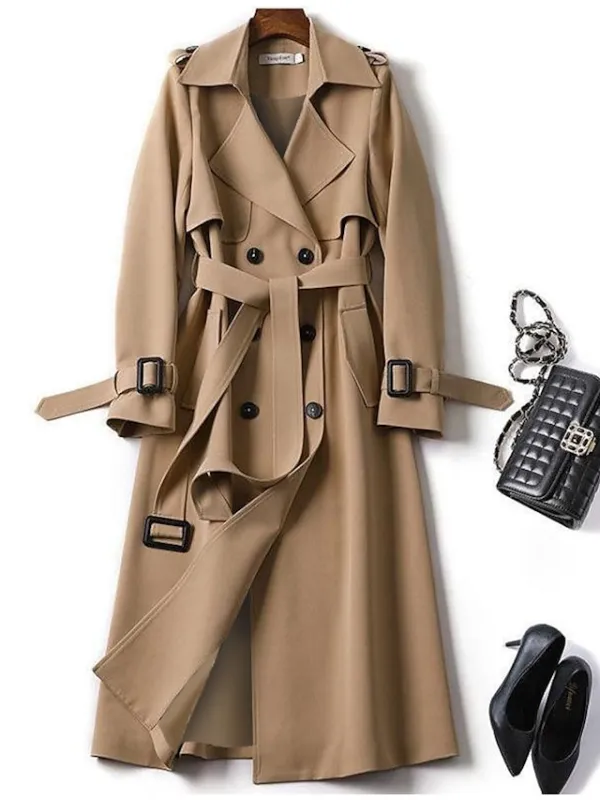 Women's Trench Coat Long Lace up Patchwork Coat Black Blue Camel Beige Fashion Daily Fall Single Breasted Rolled collar Regular Fit S M L XL XXL 3XL