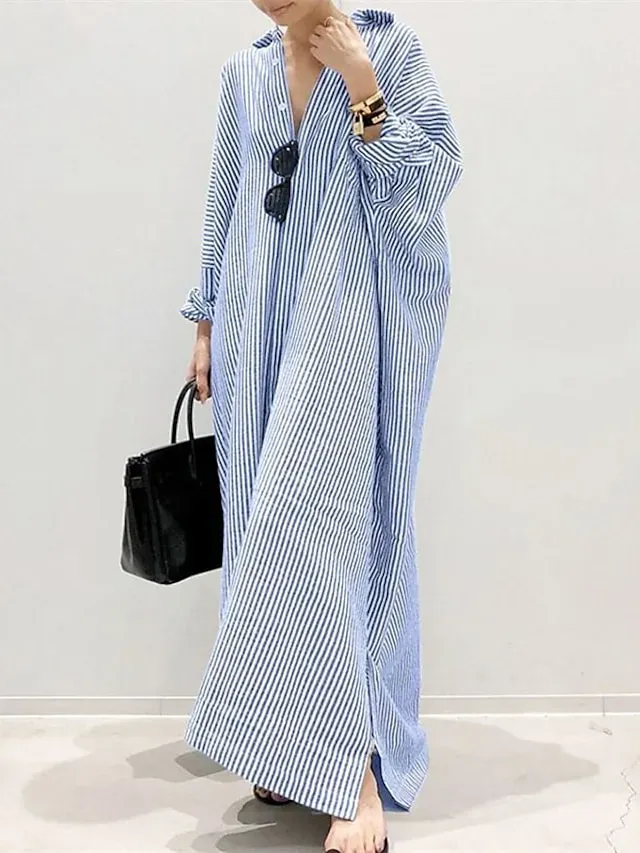 Women‘s Casual Dress Shirt Dress Cotton Dress Shift Dress Maxi long Dress Cotton Basic Casual Outdoor Winter Dress Daily Shirt Collar Button Split Long Sleeve Summer Winter Fall Spring 2023