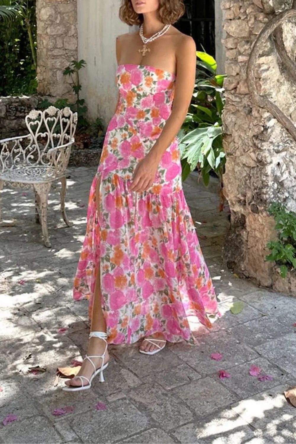 Strapless Drop Waist Pink Floral Maxi Dress