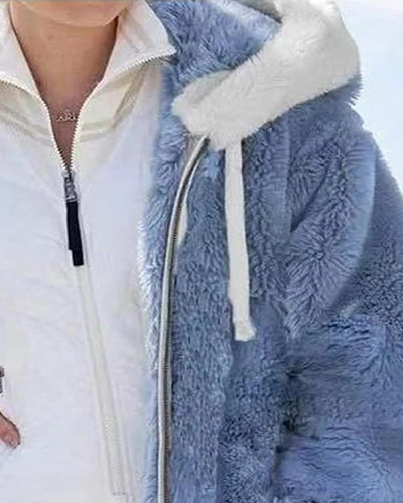 Long Sleeve Fuzzy Hooded Zip Up Teddy Coat