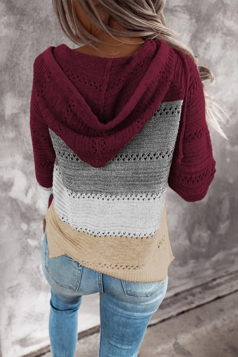 Striped & Leopard Patchwork V-Neck Hooded Sweater