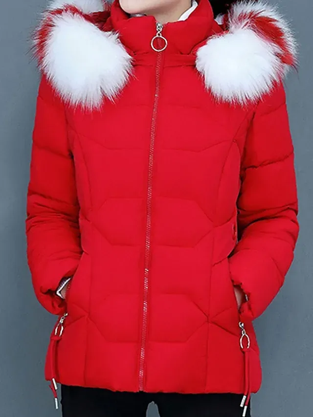 Women's Parka Cropped Puffer Jacket Winter Coat Zip up Hooded Coat with Removable Fur Collar Thermal Warm Heated Coat Fall Outerwear with Pockets Warm Classic Long Sleeve Blue