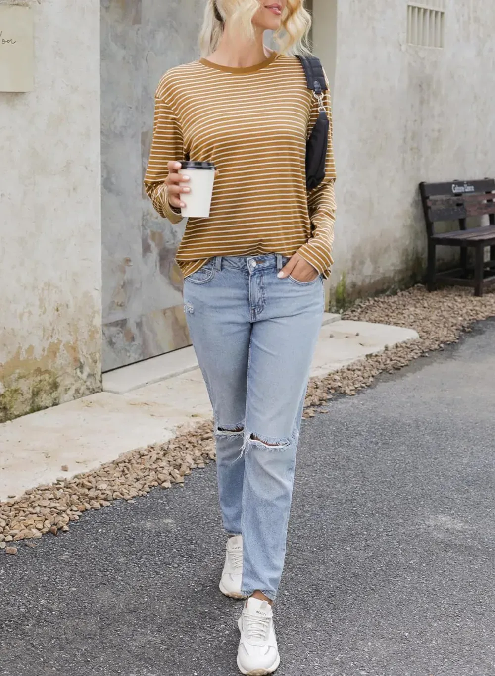 Dokotoo Women's Casual Striped Long Sleeve Tops Crew Neck Knit Ribbed Basic T Shirts