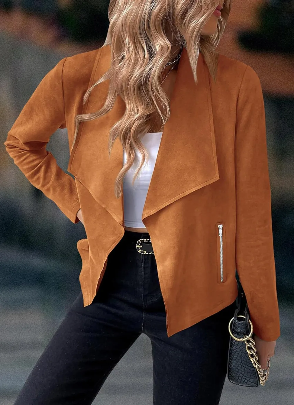 Women's Faux Suede Jackets 2023 Fall Clothes Long Sleeve Open Front Cropped Coat Outwear