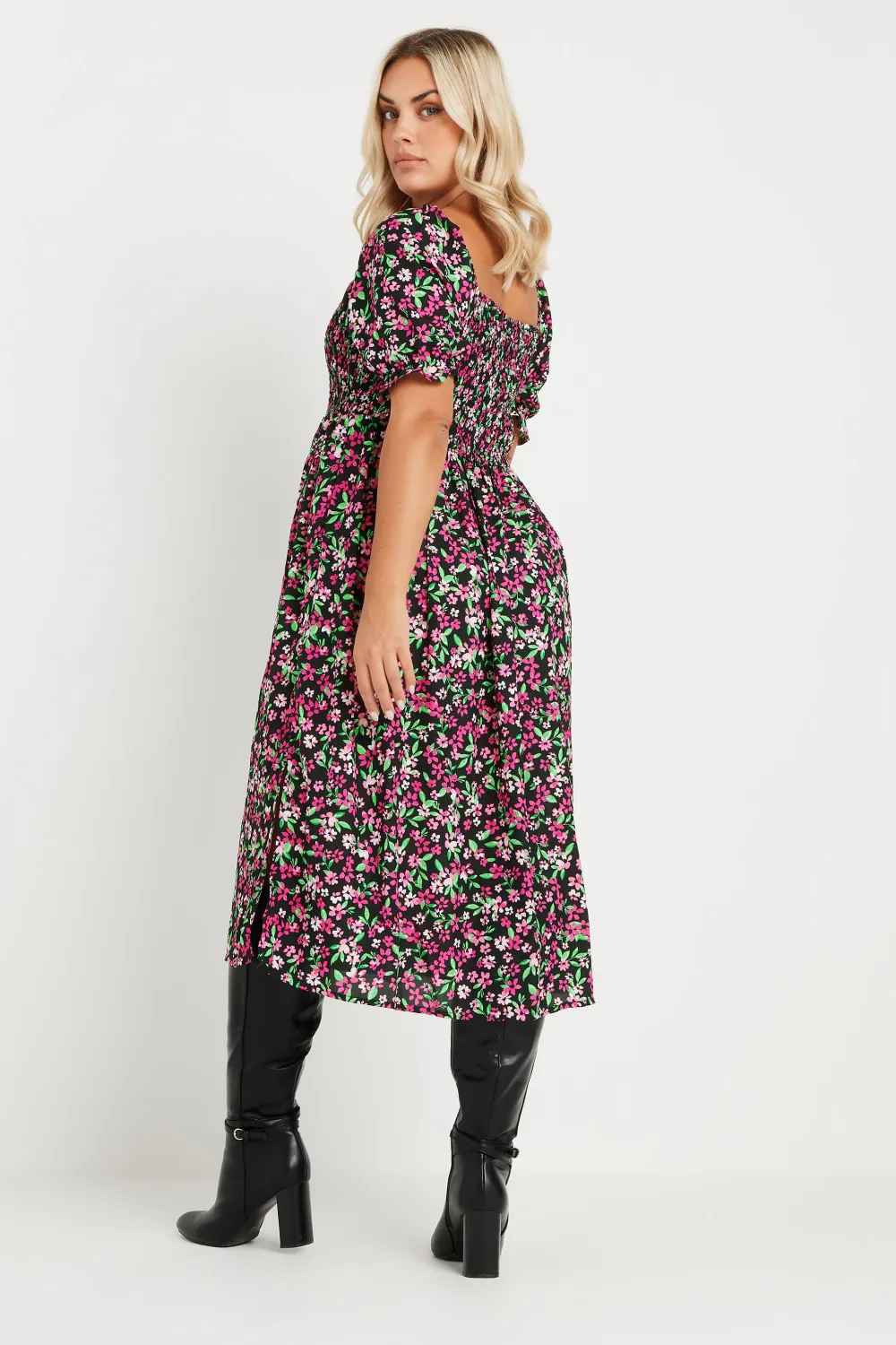 YOURS Curve Black Floral Print Shirred Midi Dress