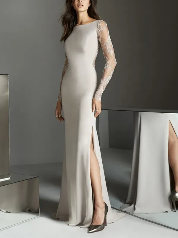 Round Neck Lace Solid Color Maxi Dress