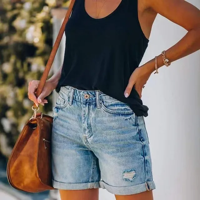 Women's Jeans Shorts Denim Blue Mid Waist Fashion Casual Weekend Side Pockets Cut Out Micro-elastic Short Comfort Plain S M L XL XXL