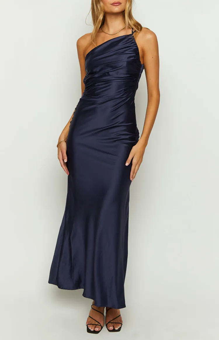 Navy One Shoulder Satin Formal Dresses