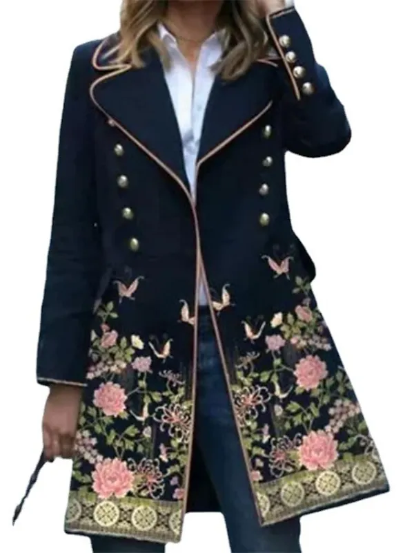 Women's Winter Coat Casual Jacket Windproof Warm Outdoor Street Daily Vacation Button Pocket Print Double Breasted Lapel Modern Street Style Floral Regular Fit Outerwear Long Sleeve Fall Winter Dark