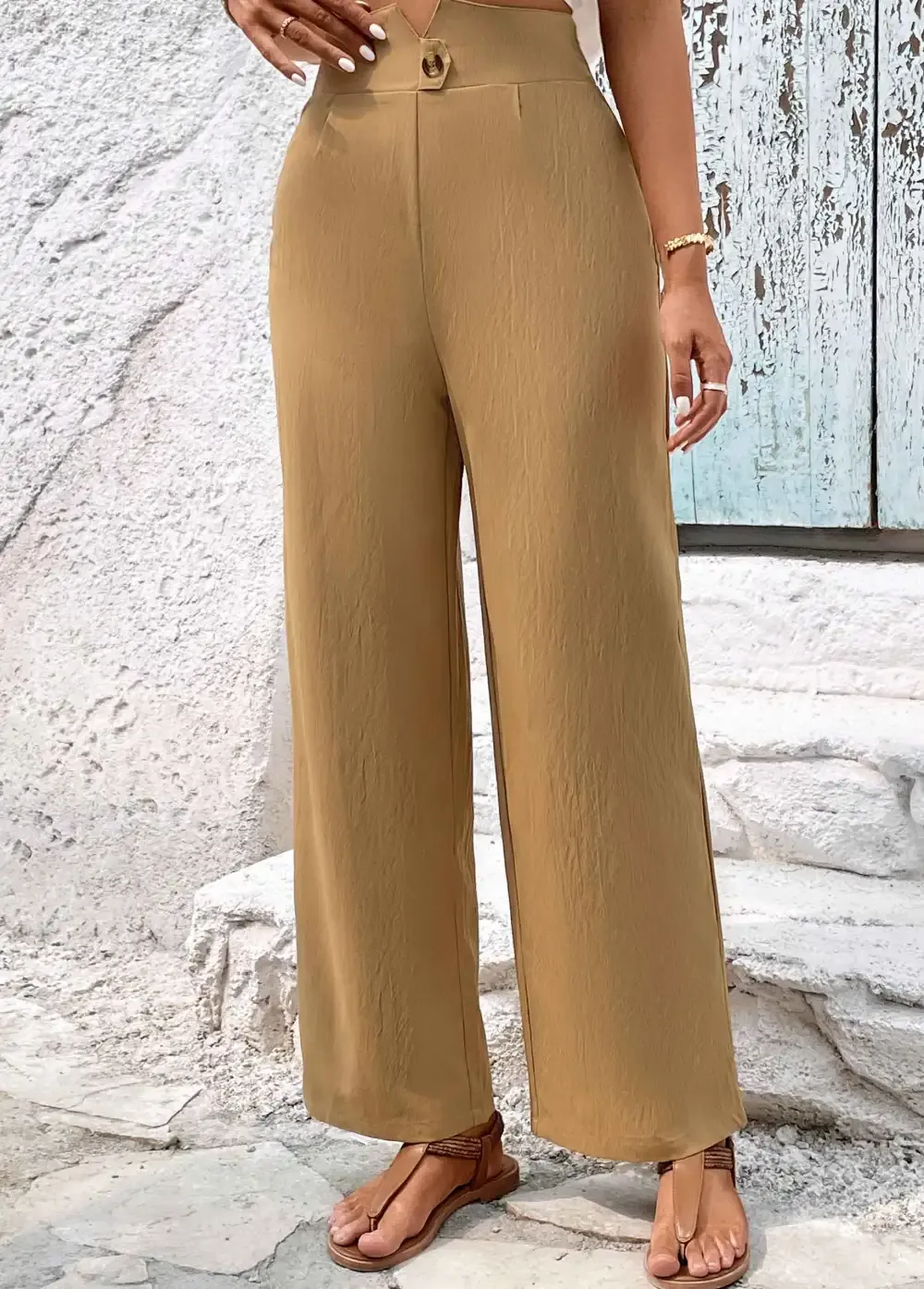 Light Camel Button High Waisted Pants