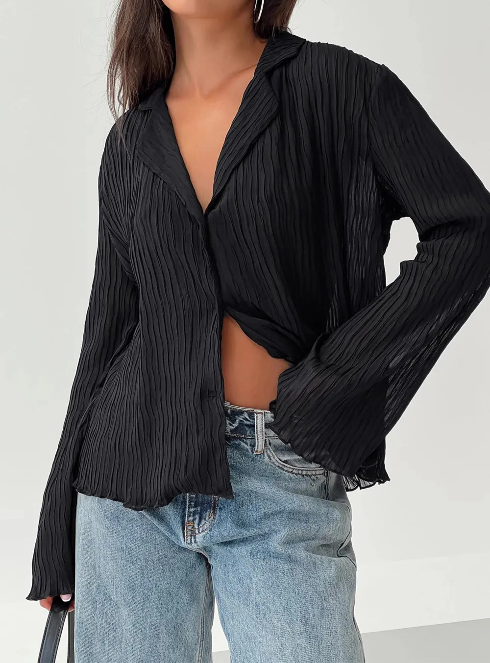 Black Textured Wrap Front Shirt
