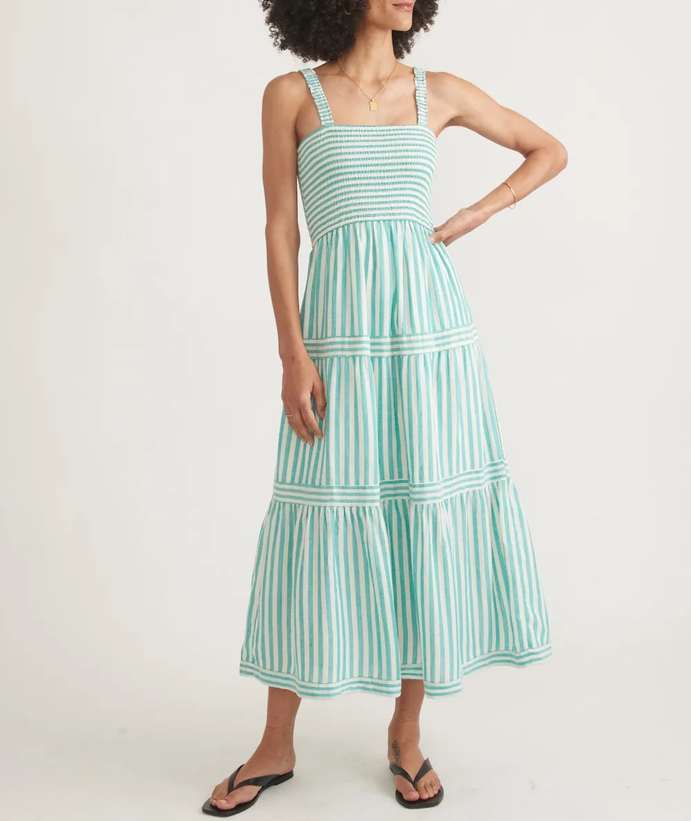 Turquoise Striped Tiered Midi Dress