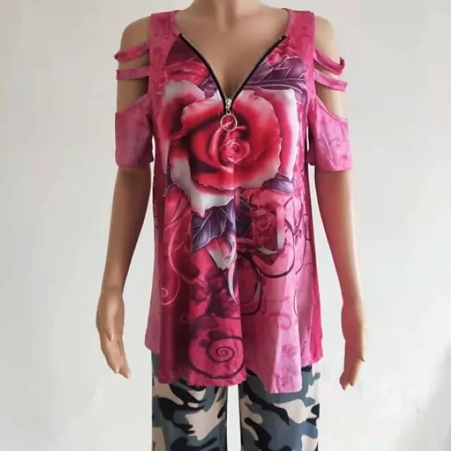 Women Tops T-Shirt Hollow-Out Shoulder Short Sleeve Casual Blouse Shirts Flower Print V-Neck Zipper Shirt