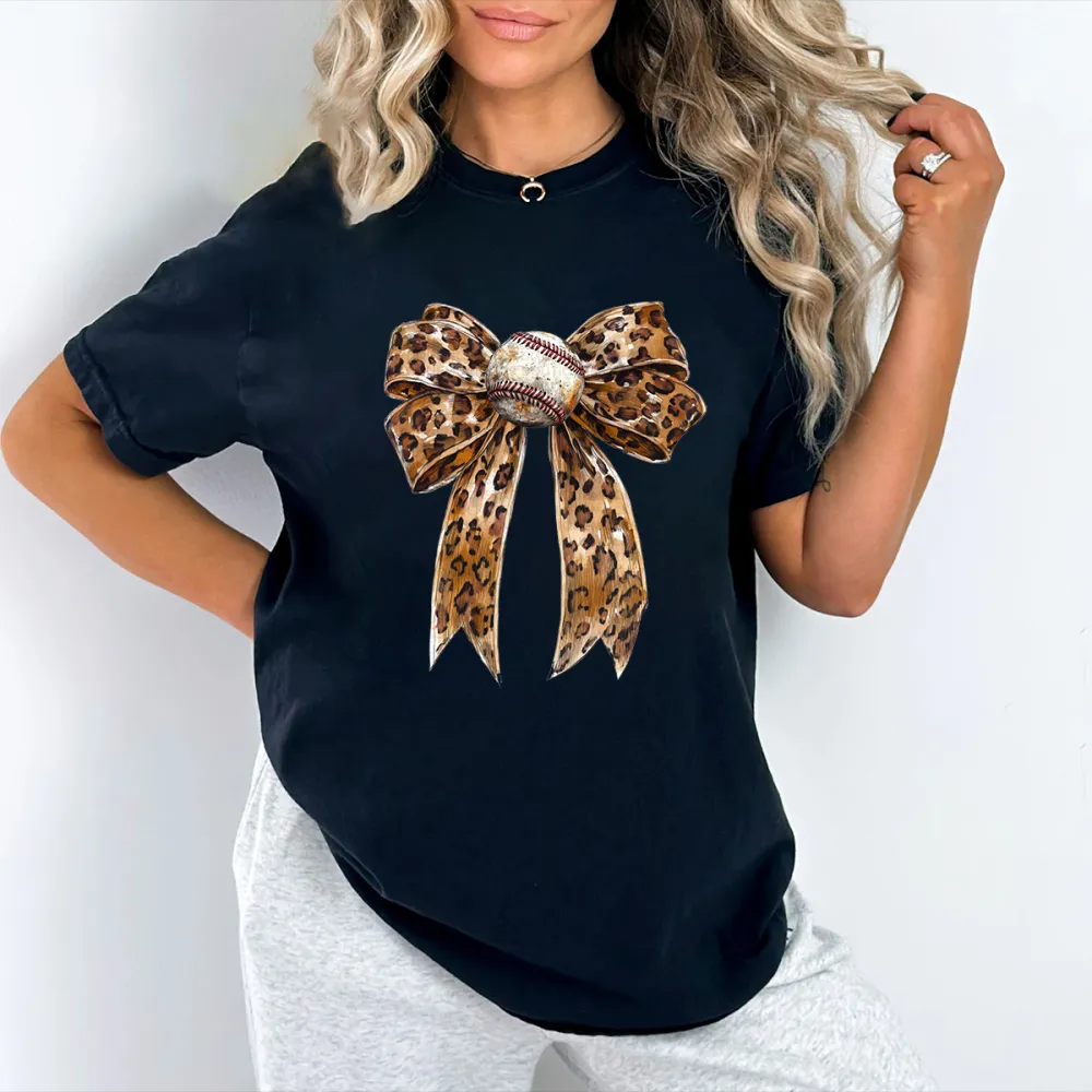 Leopard Print Baseball Printed Round Neck Short Sleeve T-Shirt